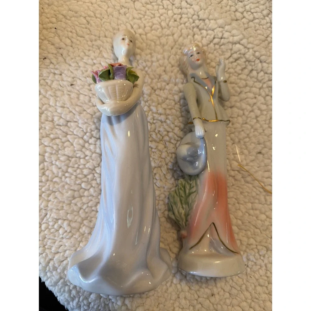 Set of 2 Vintage Style Porcelain Victorian Lady Figurines Flower Basket Hat Gold
